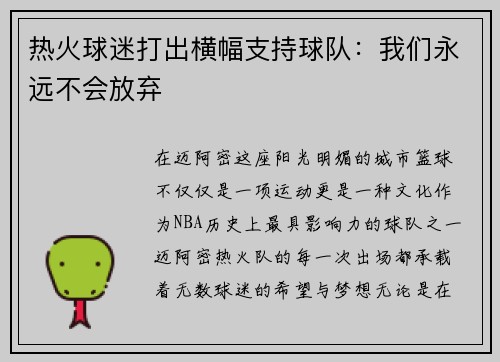 热火球迷打出横幅支持球队：我们永远不会放弃