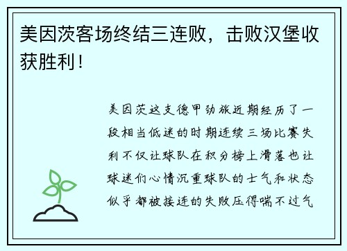 美因茨客场终结三连败，击败汉堡收获胜利！